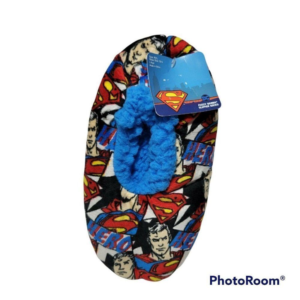 Superman Slipper Socks Child‎ M/L Shoe Sz 13-4 Hero Superhero Fuzzy Babba NWT